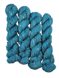 Teal skeins of yarn with donegals on a white background